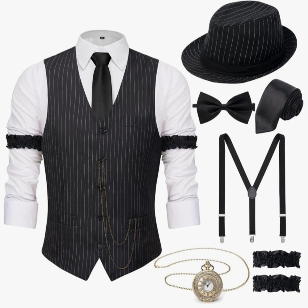 Cosplay Vest Hat Tie Watch Suspenders Set with Pinstripes Mob Gangster 20s 50s